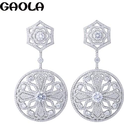 GAOLA Women Jewelry Round Flower Clear White Micro Pave Setting Dangle Earring Cubic Zirconia Weeding Earrings GLE6356