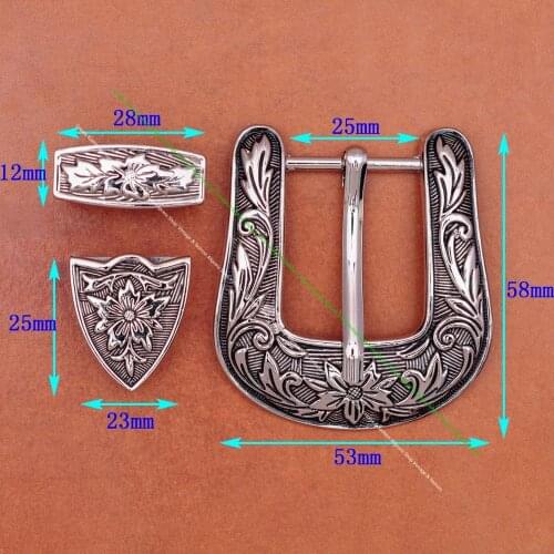 Western Cowboy Cowgirl Rodeo 3PCS Set Silver Floral Engraved Leather Belt Buckle Fit 1" Belt Strap