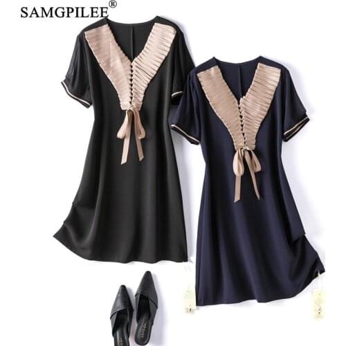 Summer Clothes For Women 2021 New Office Lady A-line Patchwork Short Sleeve Shirring Knee-length V-neck Plus Size Dresses Woman