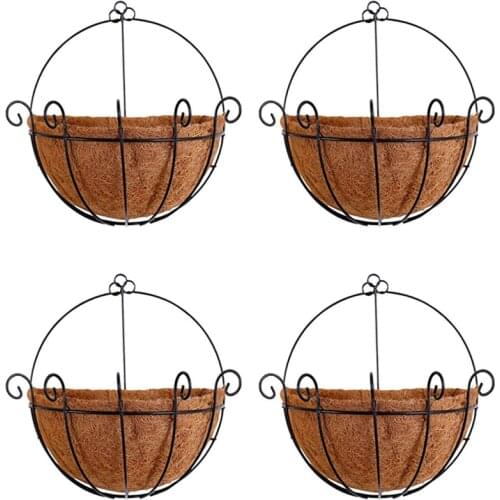 Metal Hanging Planter Basket with Coco Coir Liner Wall Mount Wire Plant Holder for Indoor Outdoor Garden Porch (4 Pack)