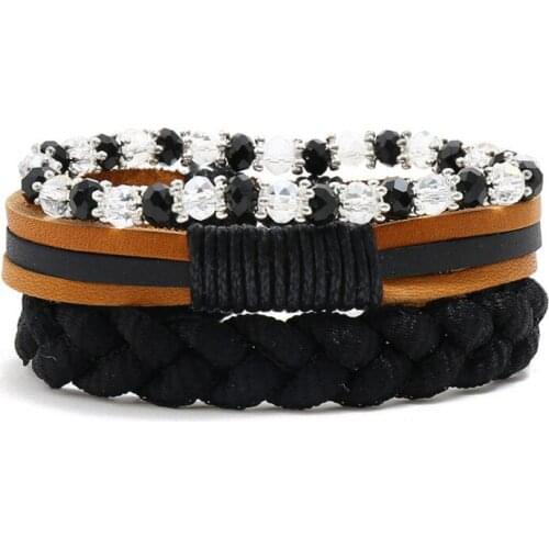 Fashion Black Crystal Bracelet Cuff Multilayer Braid Leather Wristband Set Retro Rhinestone Beads Charm Wrap Bangle Punk Jewelry