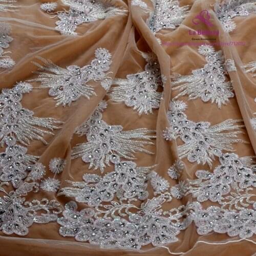 New fashion off white/gold super heavy beaded rhinestones magic sequins mixed on net wedding/evening dress lace fabric 1yard