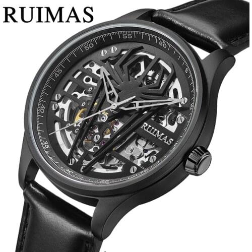 RUIMAS Original Man Fashion Casual Automatic Wristwatches Spider Pattern Hollow Out Skeleton Male Clock Erkek Kol Saati 6787