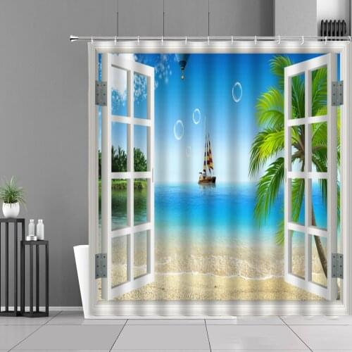 Beach Sea View Shower Curtain Set 3D False Window Coconut Tree Sailboat Blue Sky Bathroom Decoration Waterproof Polyester Fabric