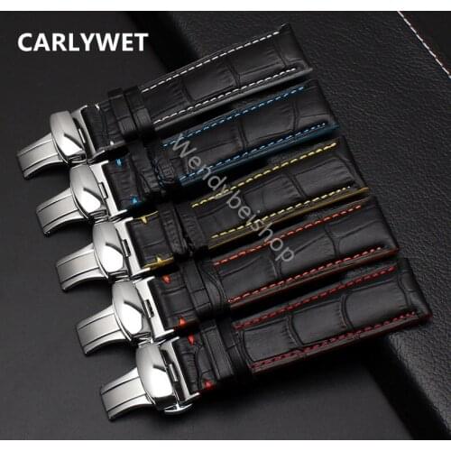 18 20 22mm Man Women Real Calf Leather Black Orange Blue Yellow White Handmade Stitches Wrist Watch Band Strap Belt Silver Clasp
