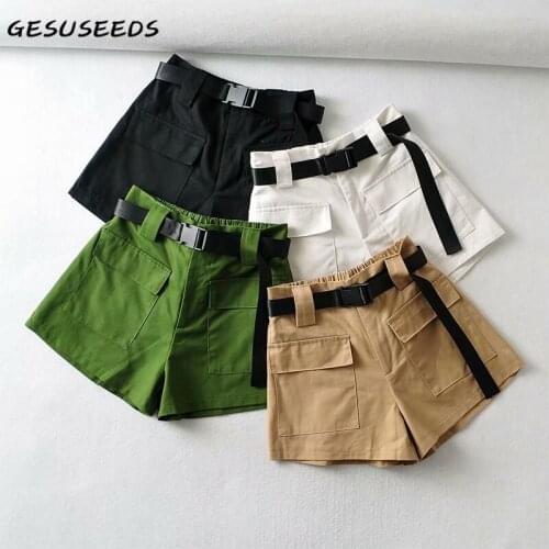 Vintage Shorts Women 2021 Summer High Waisted Shorts Female Chic Belt Baggy Streetwear Women Cargo White Black Shorts Women