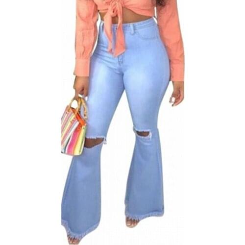 4XL Blue Denim Trousers Casual Flared Trousers 2021 Fall New European And American Fashion Womens Pocket Zipper Hole Slim Jeans