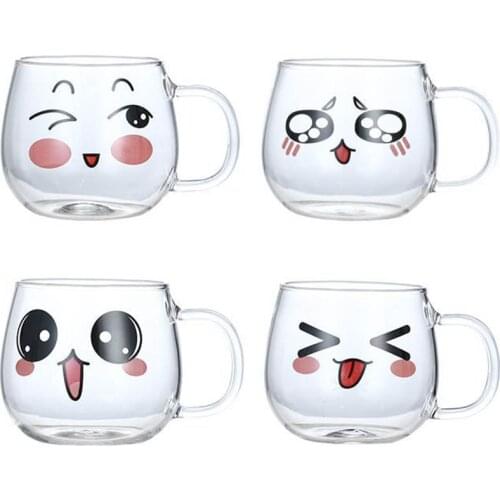 Creative Cartoon Expression Heatproof Transparent Water Glass Home With Handle Prevent Scald Coffee Cup Milk Mug Breakfast Mugs