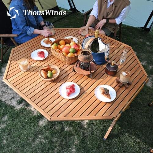 Thous Winds outdoor camping solid wood octagonal egg roll table camping picnic oversized folding table black walnut teak table
