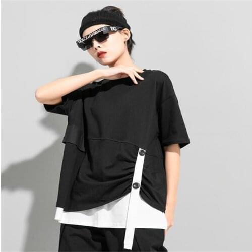 Womens summer new personality fake two black and white Mosaic loose fashion casual large T-shirt