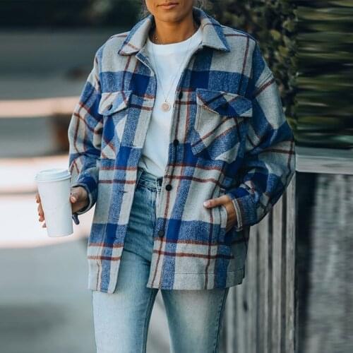 Plaid Print Womens Shirt Coat Woolen Loose Long Sleeve Spliced Pockets Female Jacket 2021 Autumn Winter Harajuku Casual Coats