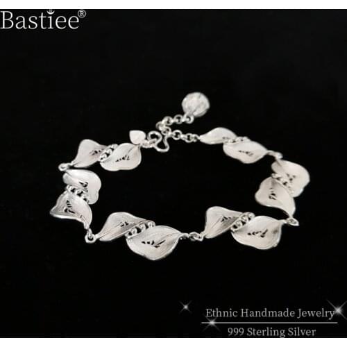 Leaf 999 Sterling Silver Charm Bracelet Femme Ethnic Luxury Jewelry Boho Handmade Vintage Bracelets Gifts For Women bransoletka