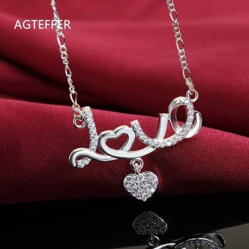 AGTEFFER 925 Sterling Silver 18 Inch AAA Zircon Heart Shaped Love Pendant Necklace For Women Fashion Wedding Party Charm Jewelry