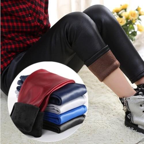 Winter Girls Leggings Thick Warm Trousers For Kids Pu Leather Plus Velvet Pant Children Floral Pencil Skinny Autumn Legging 3-8T