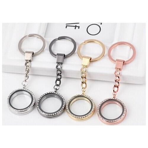 10PCS/lot 30MM Rhinestones Round Floating Locket Key Chains Glass Living Magnetic Charms Locket Pendant