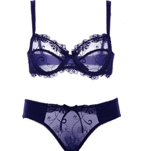 Ultrathin transparent bra panties lace bra set embroidery bras underwear women set plus size lingerie sexy C D cup black