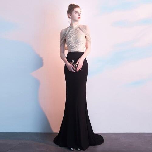 2019 Black Crystals Mermaid Evening Dresses Long Formal Gown Dress Evening Backless MSHBLUE