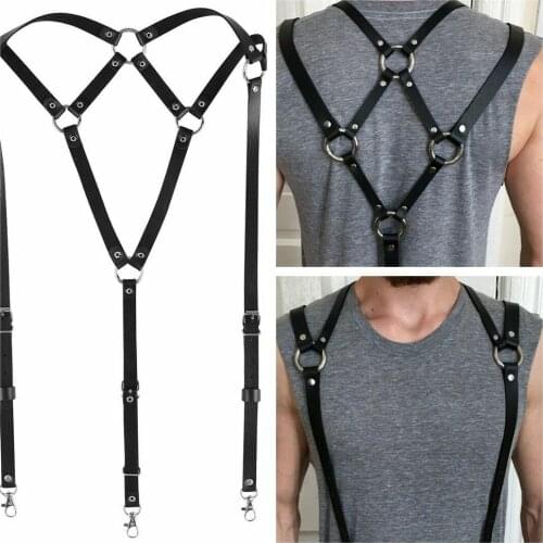 Black Men Erotic Faux Leather Body Harness Belt Suspenders Garter Belt Punk Fetish Costume