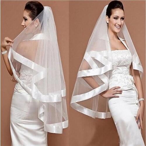 Elegant Cheap Ivory White Tulle stain ribbon edge Wedding Bridal Veils One Layer with Comb Elbow Length Free Ship Cheap Veils