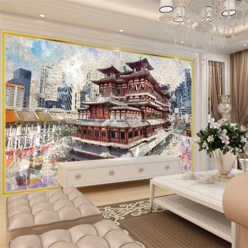 Wellyu Hand-painted Chinatown watercolor ink painting wall custom large mural green silk cloth wallpaper papel de parede