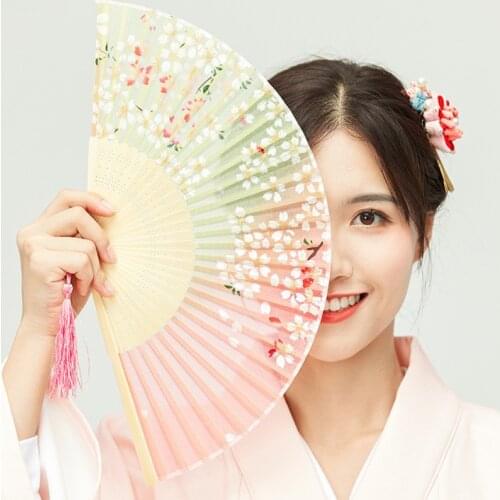 Chinese Hand Fan Foldable Fan Antique Silk Imitation Hanfu Womens Japanese Tassel Black Bone Foldable Fan Eventail A Main