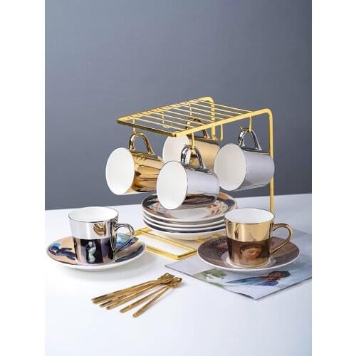Creative Mirror Reflection Cup Ceramic Coffee Cup And Saucer Set European Small Luxury Golden Glass