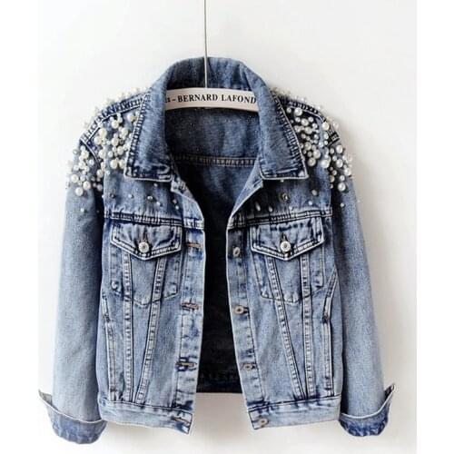 Spring Autumn Women Basic Coats Women Denim Jacket Pearls Beading Fashion Jeans Coat Loose Long Sleeve Jackets