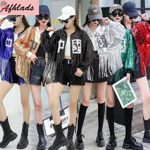 Streetwear Hip Hop Solid Color Women Sequin Jacket Autumn Tassel Patchwork Female Coat Round Neck Loose Bling Outerwear