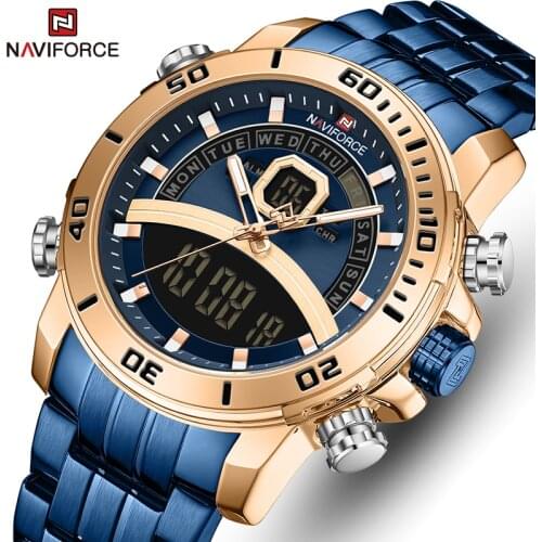 NAVIFORCE Men Watch Top Luxury Brand Blue Big Sport Watches Mens Chronograph Quartz Wristwatch Stainless Steel Male Clock Reloj