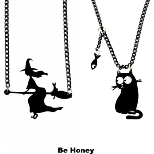 New Arrivals Pure Black Witch Broom Cat And Cute Cat With A Fish Acrylic Pendant Necklace For Women Punk Fashion Jewelry Gift