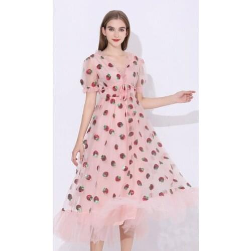 Sequins Strawberry Dress Women Sexy Party Dresses Female Elegant V Neck Puff Sleeve Mesh Dress Vintage Floral Womens Dress Robe