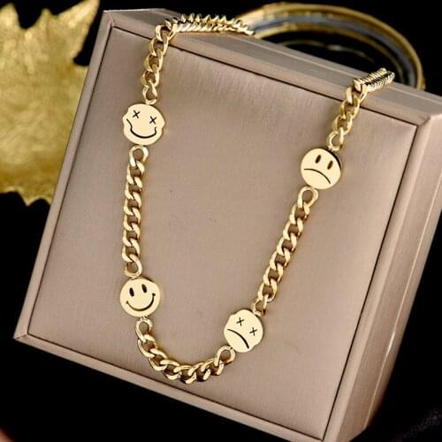 316L stainless steel smiling face simple hip-hop street lengthened metal wind students personality lovers disco collarbone chain