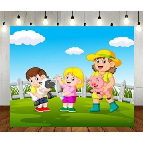 Photo Studio Props Photography Backdrop Young Women Holding Pig Happy Sheep Vinyl Background Kids Birthday Party Decoration