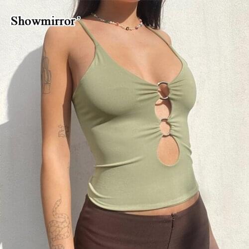 Showmirror 2021 Straps Solid Crop Top Tshirt Summer Sexy Hollow Out Vest Women Streetwear Y2K Party Club Camis Female 33589