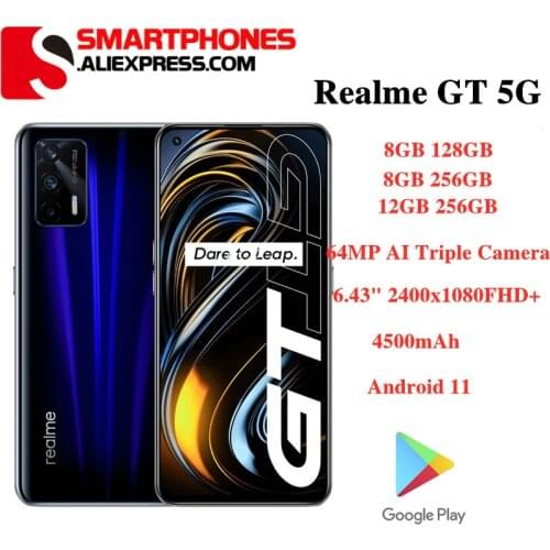 Realme GT 5G Smart Phone Snapdragon 888 NFC Android 11 120Hz 6.43'' Super AMOLED Screen 3D Glass Body 4500mAh 65W Super Charge