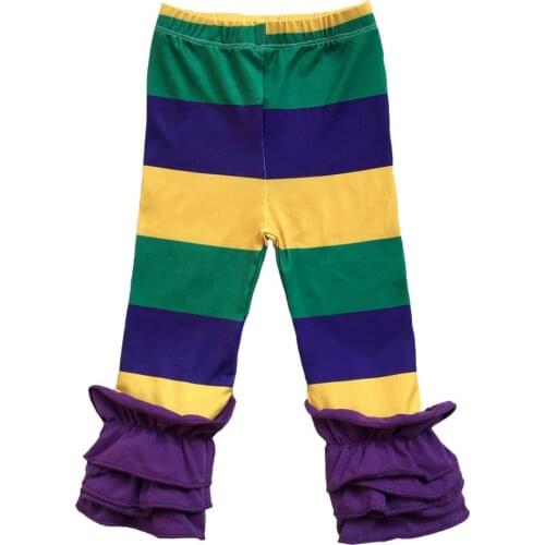 Spring color easter triple ruffle leggings Purple,Green and Gold colors printed baby pants for Mardi Gras holiday