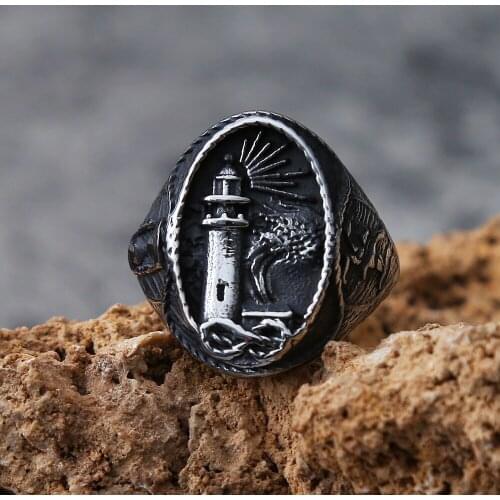 Vintage Gothic Nautical Lighthouse Ring For Men Stainless Steel Viking Ring Nautical Amulet Signet Ring Nordic Talisman Jewelry