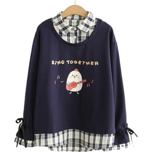 Women Sweatshirts 2020 Autumn Navy Long Sleeve Preppy Style Cartoon Print Turndown Collar Patchwork Hoodies Pullover Tracksuits