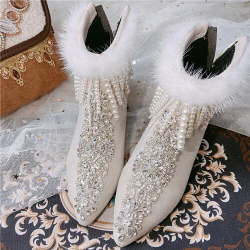 Womens Pointy Toe Rhinestones Crystal Ankle Boots Fur White Chunky High Heel Shoes Pearls Tassels DIY New 2022