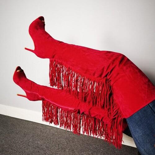 Dovereiss Fashion Womens Shoes Elegant sexy Party shoes Fringed Peep toe cool boots Stilettos heels Over the knee boots 47