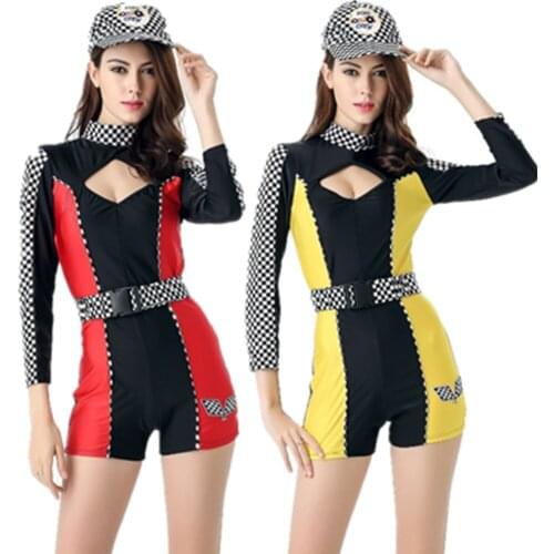 Women Sexy Long Sleeves Race Car Driver Costume Jumpsuit Racing Girl Bodysuit Miss Car Game Racer Uniform
