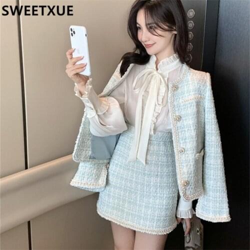 SWEETXUE 2021 Winter Sweet 2 Piece Outfit Fashion Suits Women Pearls Tweed Short Jacket Wool Coat + Bodycon Pencil Skirt Set