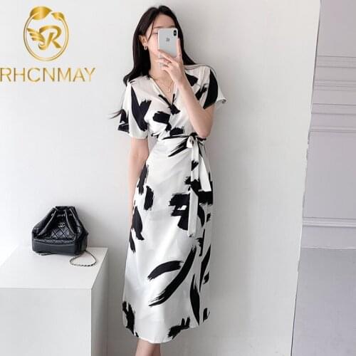 2021 Summer Korean Chic Ink Painting Print Dress Vintage Long Dress Women Lace-up Midi Party Dresses Short Sleeve V-neck Dress