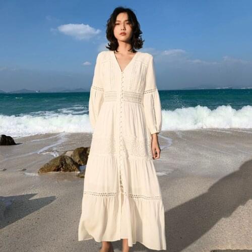 2021 Fashion Women Long Sleeve V-Neck Stylish Floral Hollow Out White Fairy Elegant Dress Single Breasted Buttons Beach Vestidos