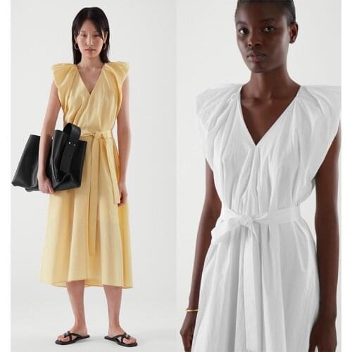 Donsignet 2021 Spring New Flying Sleeve V-Neck Belt Solid Cotton Temperament Fashion Office Lady A-LINE Dresses for Women