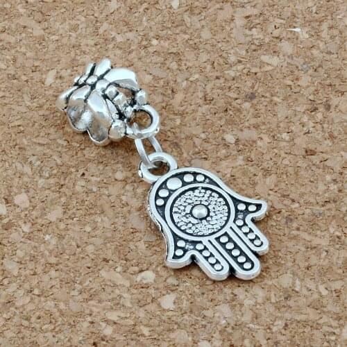 10 Pcs / Lots Hamsa Hand Charm Big Hole Dangle European Beads Fit Charm Bracelet Jewelry DIY 12.2x31mm A-377a