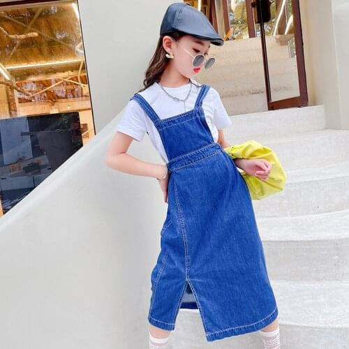 2021 Summer Middle School Clothes T-shirt + Denim Strap Skirts 2 Pieces Sets Jumpsuit Girls Teens Costume