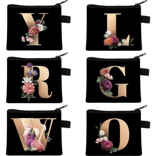 26 Initials Flower Coin Purse A-Z Letter Makeup Bag Women Travel Shopping Bags Bridesmaid Ladies Portable Girl Bridal Party Bag