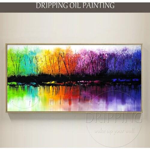 Free Shipping Artist Hand-painted Abstract Colorful Wall Artwork Hand-painted Abstract Landscape Lake Oil Painting Lake Pictures