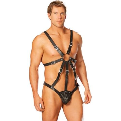 Mens Black Faux Leather Bodysuit Adjustable Suspender Straps Teddies Erotic Bondage Belt Underwear Game Party Sexy Costumes